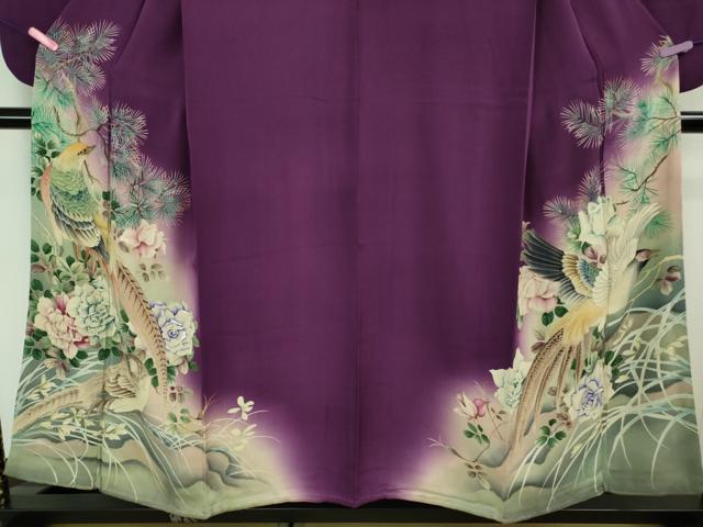 平和屋本店□極上 アンティーク 大正ロマン 振袖 刺繍 尾長鳥花文 暈し