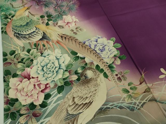 平和屋本店■極上　アンティーク　大正ロマン　振袖　刺繍　尾長鳥花文　暈し染め　逸品　DZAA7082kh5 平和屋本店□極上 アンティーク 大正ロマン 振袖 刺繍 尾長鳥花文 暈し