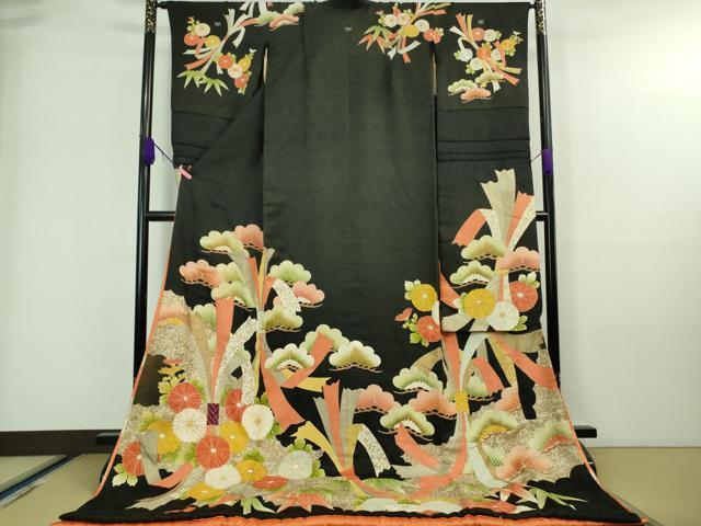 平和屋本店■極上　アンティーク　大正ロマン　お引きずり・お引き摺り・引き振袖　駒刺繍　束ね熨斗松菊文　黒地　逸品　DZAA7087kh5