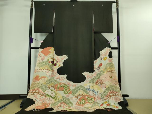 平和屋本店■極上　アンティーク　大正ロマン　お引きずり・お引き摺り　黒留袖　刺繍　扇面松竹梅　黒地　金銀糸　逸品　DZAA7089kh5
