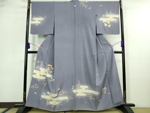 平和屋着物■極上　訪問着　駒刺繍　松葉　竹　花　藤鼠色地　暈し染め　金彩　逸品　DZAA7095kh5