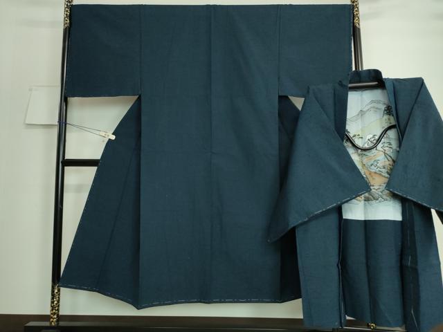 平和屋着物■極上　男性　紬　アンサンブル　長羽織・髭紬　濃藍色　逸品　未使用　DZAA7108kh5