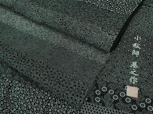 平和屋着物■極上　小紋師　基之作　江戸小紋　百柄　黒地　鬼しぼ縮緬　逸品　DZAA7118kh5