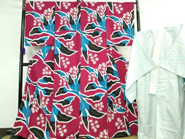 平和屋着物■極上　小紋・長襦袢(無双仕立て)セット　草花　濃紅色地　やまと誂製　洗える着物　逸品　DZAA7143kh5