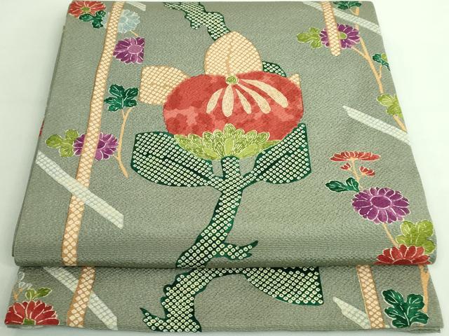 平和屋本店●極上　摺型友禅　京都　多ち花　九寸開き名古屋帯　橘　鬼しぼ縮緬　鶸茶色地　逸品　DZAA7150kh5