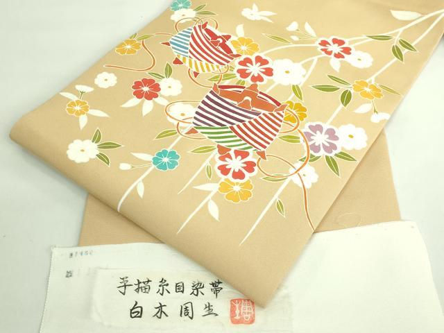 極上 岡重謹製 OKAJIMA 九寸名古屋帯 象 更紗花文 金彩 鴇鼠色