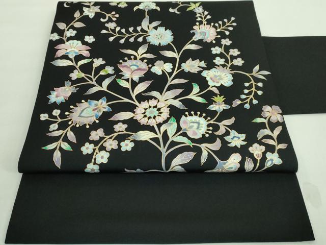 平和屋本店■極上　岡重謹製　OKAJIMA　塩瀬　九寸名古屋帯　更紗花文　黒地　金彩　逸品　DZAA7217kh5