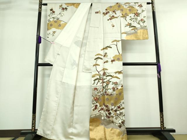 平和屋本店■極上　訪問着　駒刺繍　千八織　雲取り橘椿文　灰黄緑色地　本金箔　逸品　DZAA7264kh5 平和屋本店□極上 訪問着 駒刺繍 千八織 雲取り橘椿