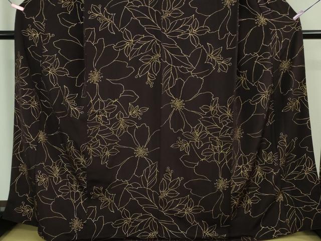 平和屋着物□極上 小紋 草花文 鳥羽色地 鬼しぼ縮緬 金彩 逸品