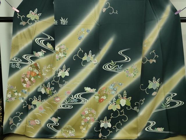 平和屋着物○極上 訪問着 駒刺繍 桐吉祥花文 鉄御納戸色地 暈し染め