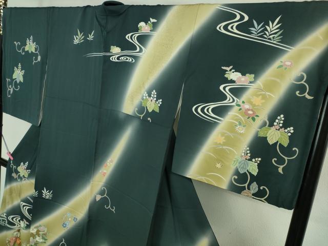 平和屋着物■極上　訪問着　駒刺繍　桐吉祥花文　鉄御納戸色地　暈し染め　金彩　逸品　DZAA7335kh5 平和屋着物○極上 訪問着 駒刺繍 桐吉祥花文 鉄御納戸色地 暈し染め