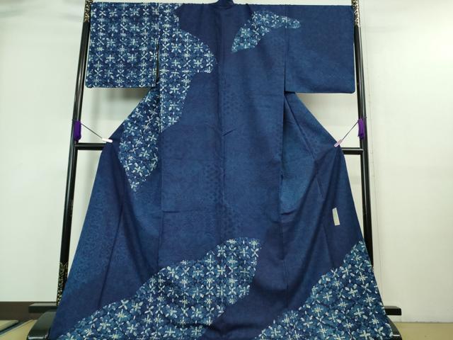 平和屋本店■極上　天然灰汁発酵藍染　訪問着　紬地　ロング丈　古川三郎　天然藍染 播磨藍　まるやま扱い　保証書付き　逸品　DZAA7356kh5 平和屋本店□極上 天然灰汁発酵藍染 訪問着 紬地 ロング丈 古川