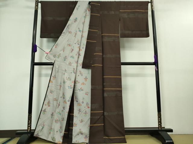 平和屋本店□極上 訪問着 お召地 紗袷 ピエロ サーカス 黒鳶色地