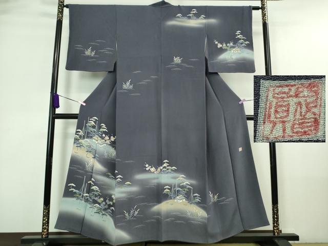 平和屋着物■極上　名門・上野家 四代目 上野真(二代目 上野為二)　訪問着　風景松花文　褐色地　暈し染め　鬼しぼ縮緬　逸品　DZAA7376kh5