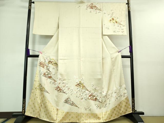 平和屋着物■極上　訪問着　駒刺繍　舞扇橘文　鳥の子色地　本金箔　逸品　未使用　DZAA7389kh5