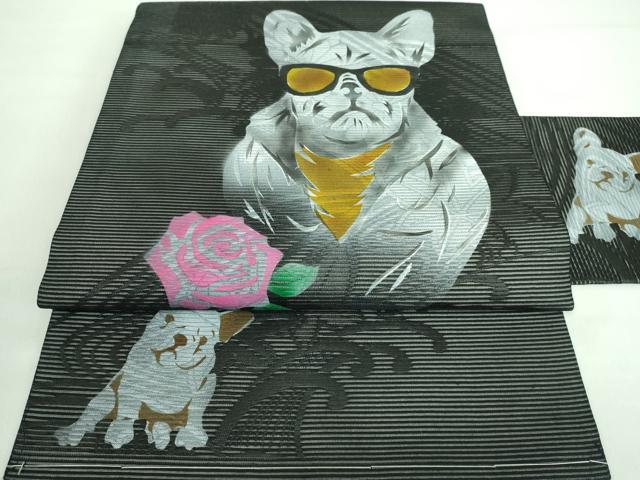 平和屋着物■極上　夏物　九寸名古屋帯　犬柄　フレンチブルドッグ　薔薇　バラ　黒地　逸品　未使用　DZAA7426kh5