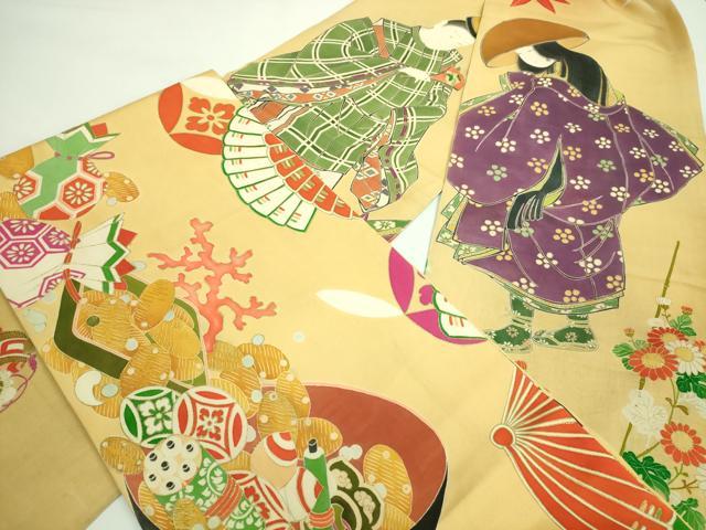 平和屋本店■希少　アンティーク　大正ロマン　だらり帯　芸姑　舞妓　人物花文　手描き　金彩　玉蜀黍色地　逸品　DZAA7444kh5
