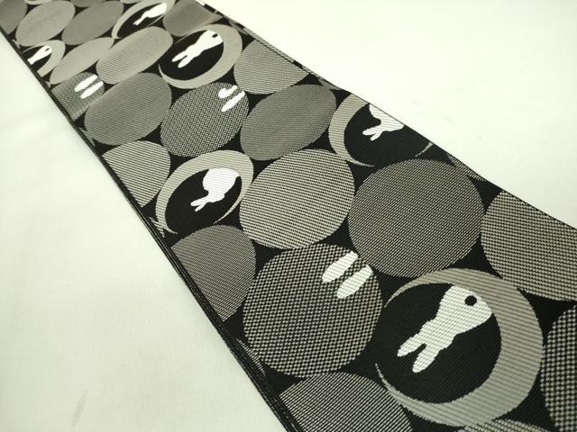 平和屋着物□極上 本場筑前博多織 両面 半幅帯 兎 うさぎ 黒地 博多金
