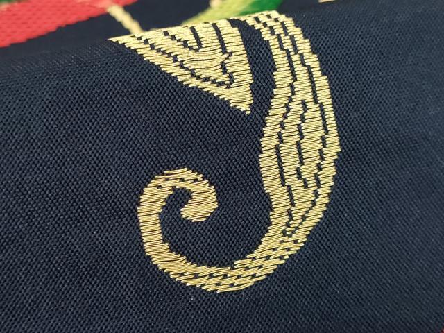 平和屋着物□極上 六通柄 本袋帯 花鳥文 金糸 濃藍色