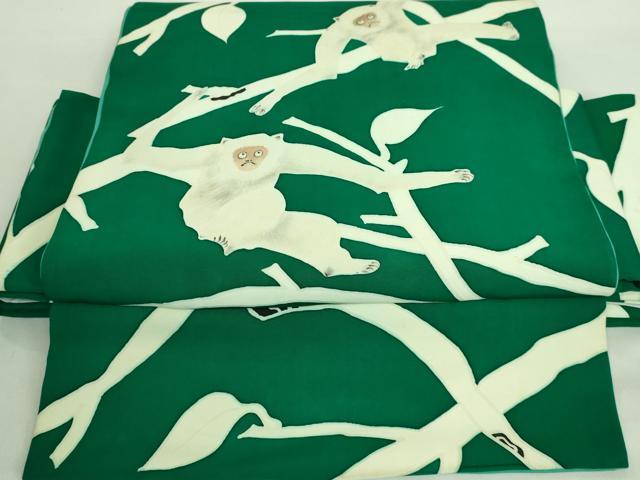 平和屋本店■極上　アンティーク　大正ロマン　塩瀬　ワンタッチつけ帯　シロテナガサル　深緑色地　逸品　DZAA7528kh5