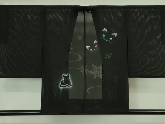 平和屋着物■極上　羽織　スリーシーズン　春夏秋　塵除け　絽　猫　ネコ　竜田川紋紗　黒地　逸品　未使用　DZAA7550kh5