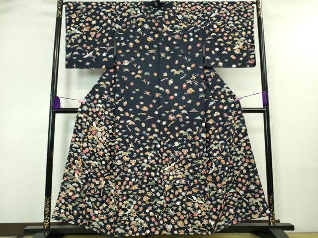 平和屋本店■極上　訪問着　駒刺繍　宝尽くし飛鶴文　紺地　逸品　未使用　DZAA7556kh5