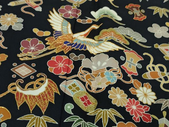 平和屋本店□極上 訪問着 駒刺繍 宝尽くし飛鶴文 紺地 逸品 未