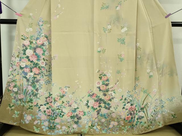 平和屋本店□極上 訪問着 友禅 花鳥文 暈し染め 砂色地