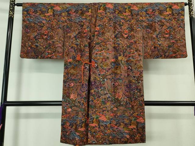 平和屋着物■極上　道中着　お召地　ロング丈　花鳥舞蝶文　逸品　DZAA7604kh5