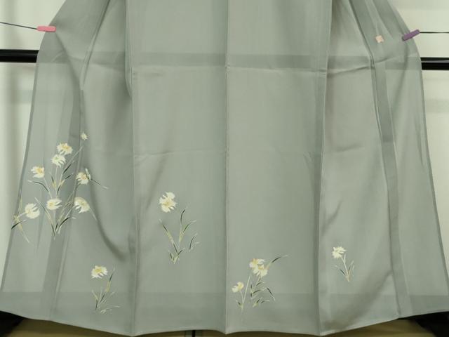 平和屋着物□極上 夏物 訪問着 友禅 作家物 駒刺繍 サギソウ 灰青色