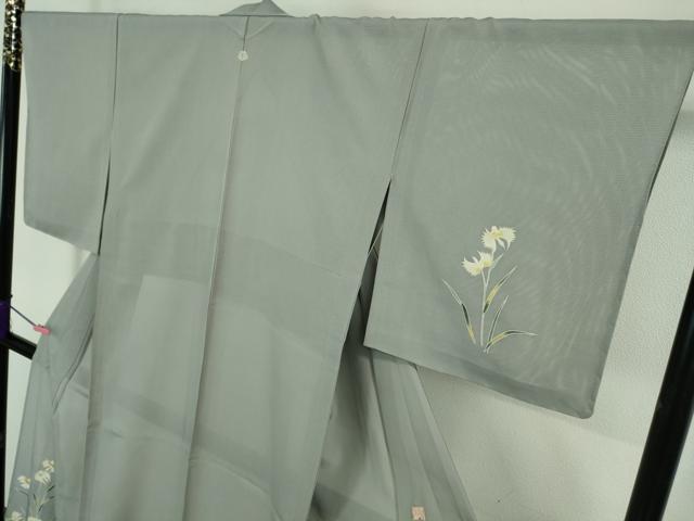 平和屋着物□極上 夏物 訪問着 友禅 作家物 駒刺繍 サギソウ 灰青色