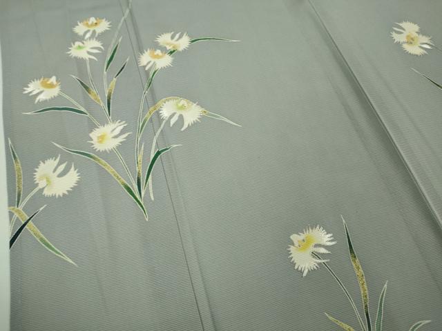 平和屋着物□極上 夏物 訪問着 友禅 作家物 駒刺繍 サギソウ 灰青色