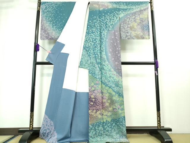 平和屋本店□極上 十日町 名門 滝泰謹製 訪問着 相良刺繍 よろけ縞