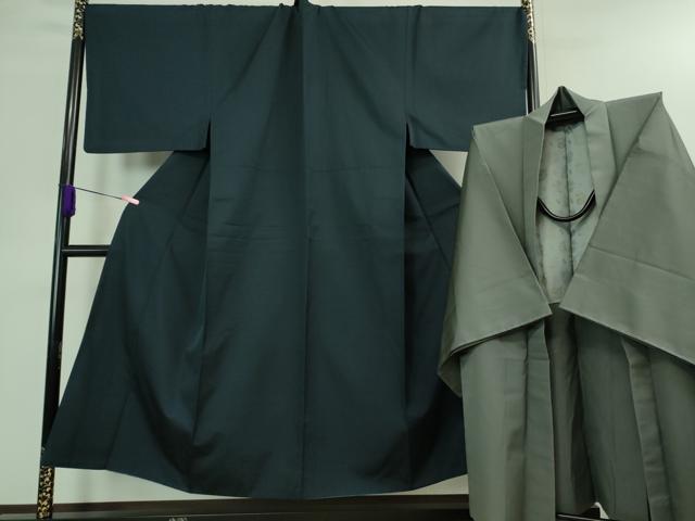 平和屋本店■極上　男性　お召　アンサンブル　キングサイズ　長羽織　着物・濃藍色　羽織・豆がら茶色　逸品　DZAA7674kh5