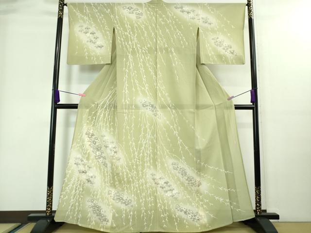 平和屋着物■極上　夏物　訪問着　絽縮緬　作家物　枝垂れ柳　草花文　裏葉柳色地　暈し染め　逸品　DZAA7695kh5