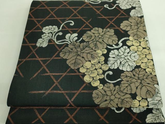平和屋着物■極上　西陣　勝山織物謹製　六通柄袋帯　葡萄蔦の葉文　黒地　証紙・反端付き　逸品　DZAA7736kh5