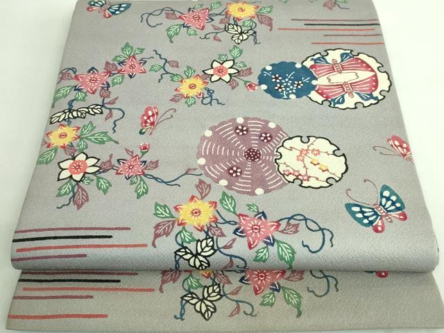 平和屋着物■極上　本場琉球紅型　平野晋二郎　九寸開き名古屋帯　雪輪花蝶文　薄鼠色地　金通し地　逸品　DZAA7749kh5