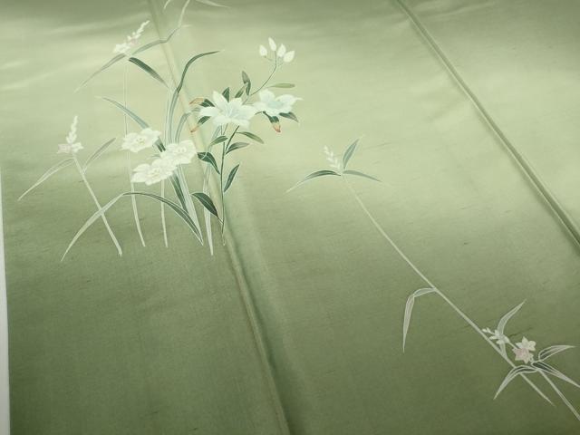 平和屋本店■極上　訪問着　作家物　白山紬地　手描き　花籠文　青白橡色地　反端付き　逸品　CZAA2828s5 平和屋本店□極上 訪問着 作家物 白山紬地 手描き 花籠文