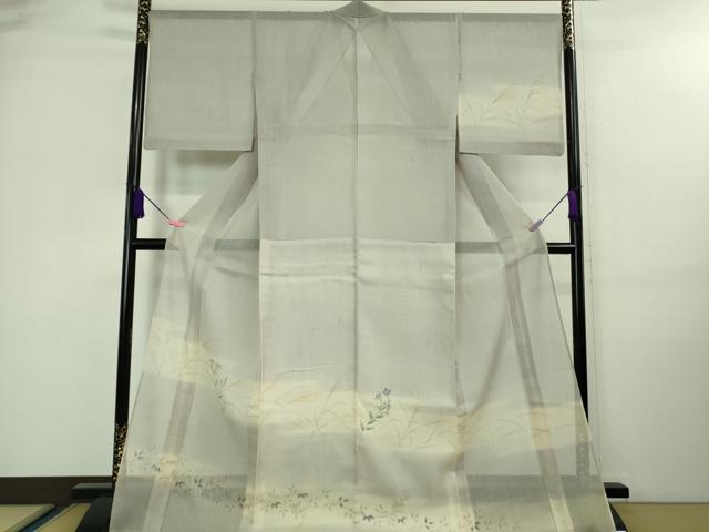平和屋着物■極上　夏物　絹芭蕉　訪問着　手描き　すすき　枝花文　暈し染め　白梅鼠色地　逸品　DZAA7878kh5