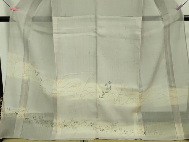 平和屋着物■極上　夏物　絹芭蕉　訪問着　手描き　すすき　枝花文　暈し染め　白梅鼠色地　逸品　DZAA7878kh5_3
