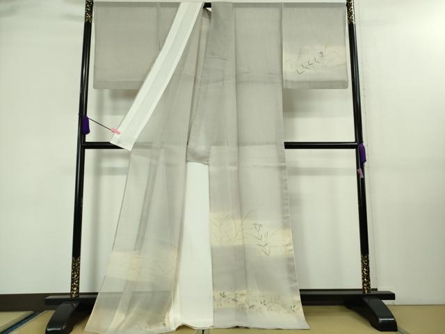 平和屋着物■極上　夏物　絹芭蕉　訪問着　手描き　すすき　枝花文　暈し染め　白梅鼠色地　逸品　DZAA7878kh5_1