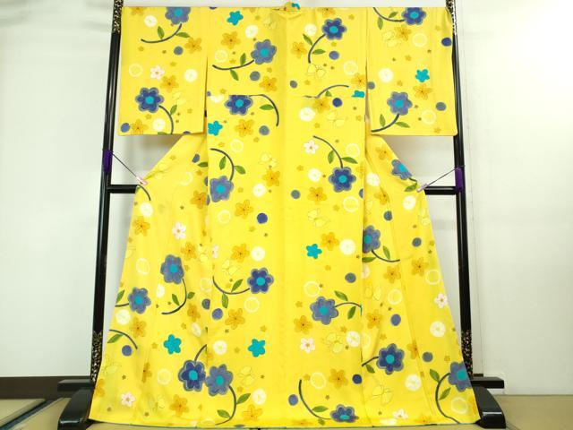 平和屋本店■超希少　染色作家　山本由季　小紋　舞蝶花文　黄色地　金彩　ロング丈　逸品　DZAA7895kh5