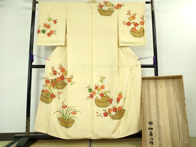 平和屋本店■極上　セミアンティーク　人間国宝　五代　田畑喜八　訪問着　駒刺繍　花篭　砥粉色地　金彩　共箱付き　逸品　DZAA7915kh5