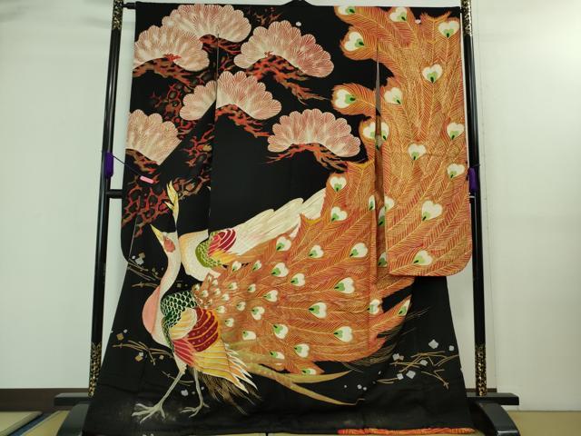 平和屋本店■極上　アンティーク　大正ロマン　振袖　刺繍　孔雀　松　黒地　金彩　逸品　DZAA7948kh5