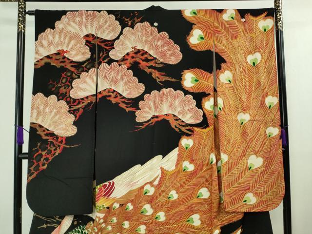 平和屋本店■極上　アンティーク　大正ロマン　振袖　刺繍　孔雀　松　黒地　金彩　逸品　DZAA7948kh5 平和屋本店□極上 アンティーク 大正ロマン 振袖 刺繍 孔雀 松 黒地