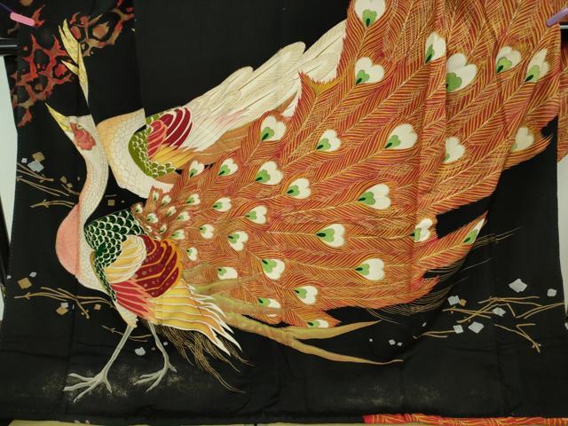 平和屋本店■極上　アンティーク　大正ロマン　振袖　刺繍　孔雀　松　黒地　金彩　逸品　DZAA7948kh5 平和屋本店□極上 アンティーク 大正ロマン 振袖 刺繍 孔雀 松 黒地