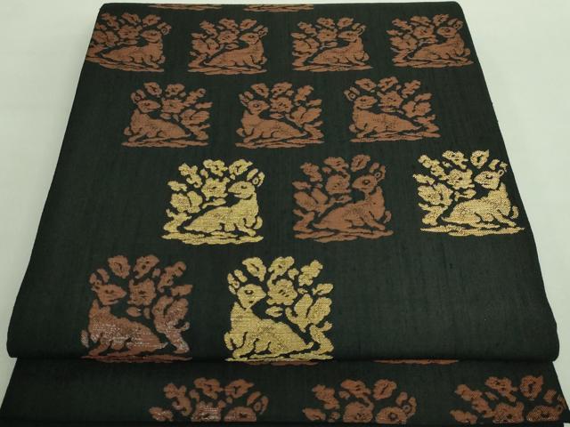 平和屋着物■極上　西陣　勝山織物謹製　六通柄袋帯　紬地　花兎　黒地　金糸　逸品　DZAA7975kh5