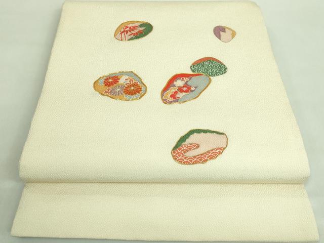 平和屋本店■極上　九寸開き名古屋帯　駒刺繍　貝合せ花文　蒸栗色地　鬼しぼ縮緬　逸品　DZAA7991kh5