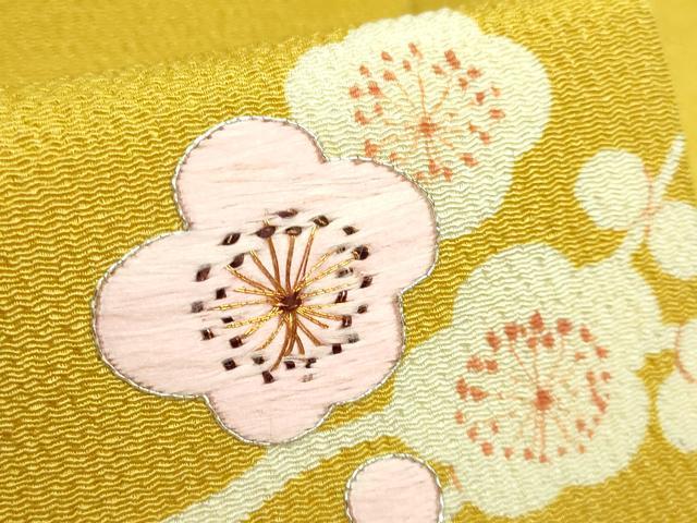 平和屋着物■極上　九寸名古屋帯　駒刺繍　立波花文　山吹茶色地　鬼しぼ縮緬　逸品　DZAA8001kh5 平和屋着物□極上 九寸名古屋帯 駒刺繍 立波花文 山吹茶色地 鬼しぼ
