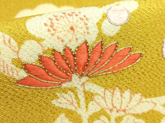 平和屋着物□極上 九寸名古屋帯 駒刺繍 立波花文 山吹茶色地 鬼しぼ